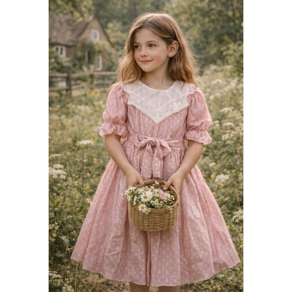 Kim Originals Dresses & Skirts - Vtg Kim Originals Dress Girls Prairie 12 Polka Dot Lace Collar Farmcore Cottagec